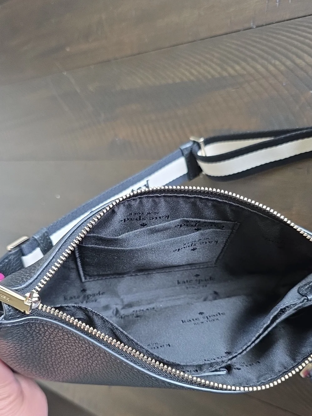 NWT Kate Spade Emma Mini Black Pebbled Leather Crossbody with Striped Logo Strap